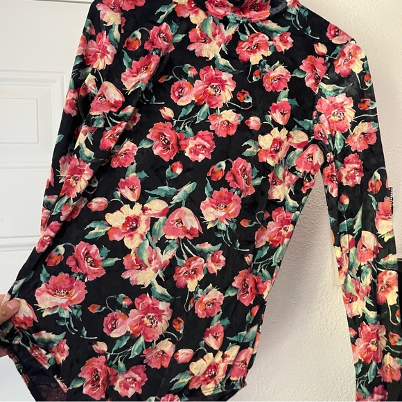 NWT NO. 6 STORE black pink floral mock neck knit suede long sleeve bodysuit - Picture 3 of 7